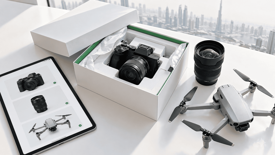 Camera in an open white box beside a lens, drone and tablet displaying an online electronics store, with Dubai’s skyline behind.