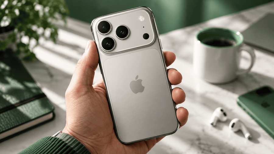 iPhone 18 Pro held in hand with a green and white background illustrating improved thermal management and vapor chamber cooling